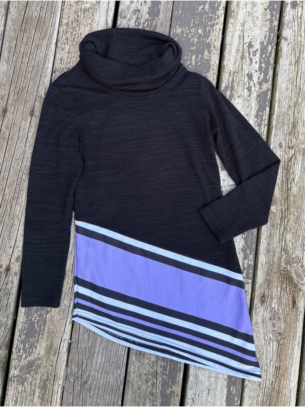 Women’s Boo Boo Black Cowl Neck Tunic with Purple Stripe Accent Large